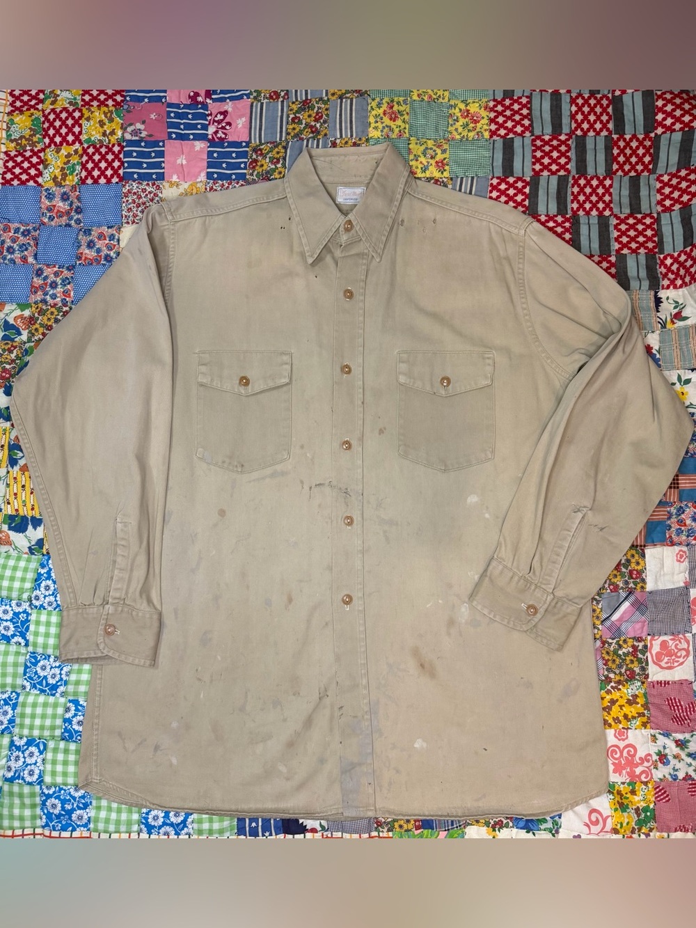 VTG 40/50s Trout Man Sanforized Distressed Khaki Cotton Button Down Work Shirt L